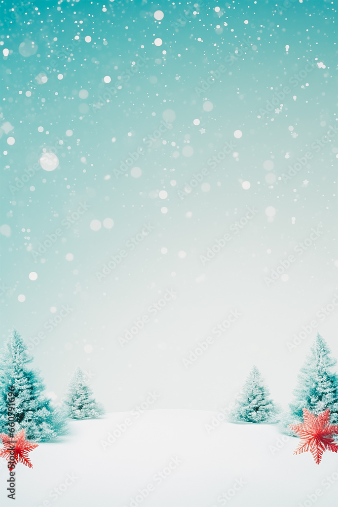 Abstract winter Christmas background with shiny snow and pine tree, space for text.
