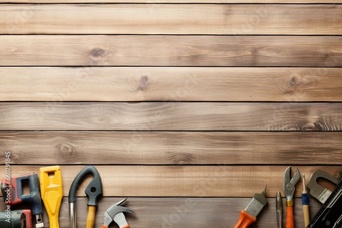 A wooden background with construction tools and objects represents the concept of home improvement and repair. Top view with copy space. Generative AI