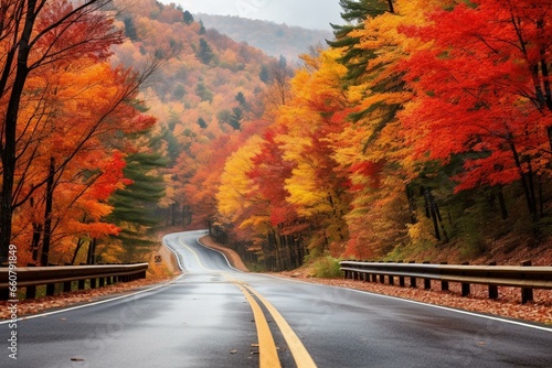 Driving down a highway with colorful autumn trees, creating a beautiful scene where tourists come to admire nature. Generative AI
