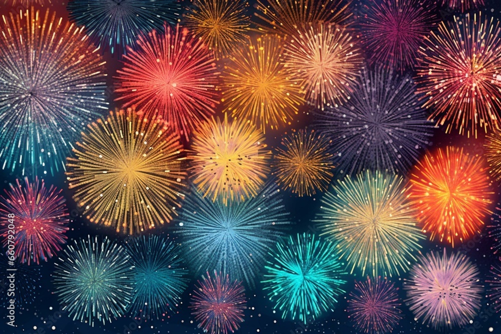Vibrant fireworks illustration with an array of colors and patterns. Generative AI