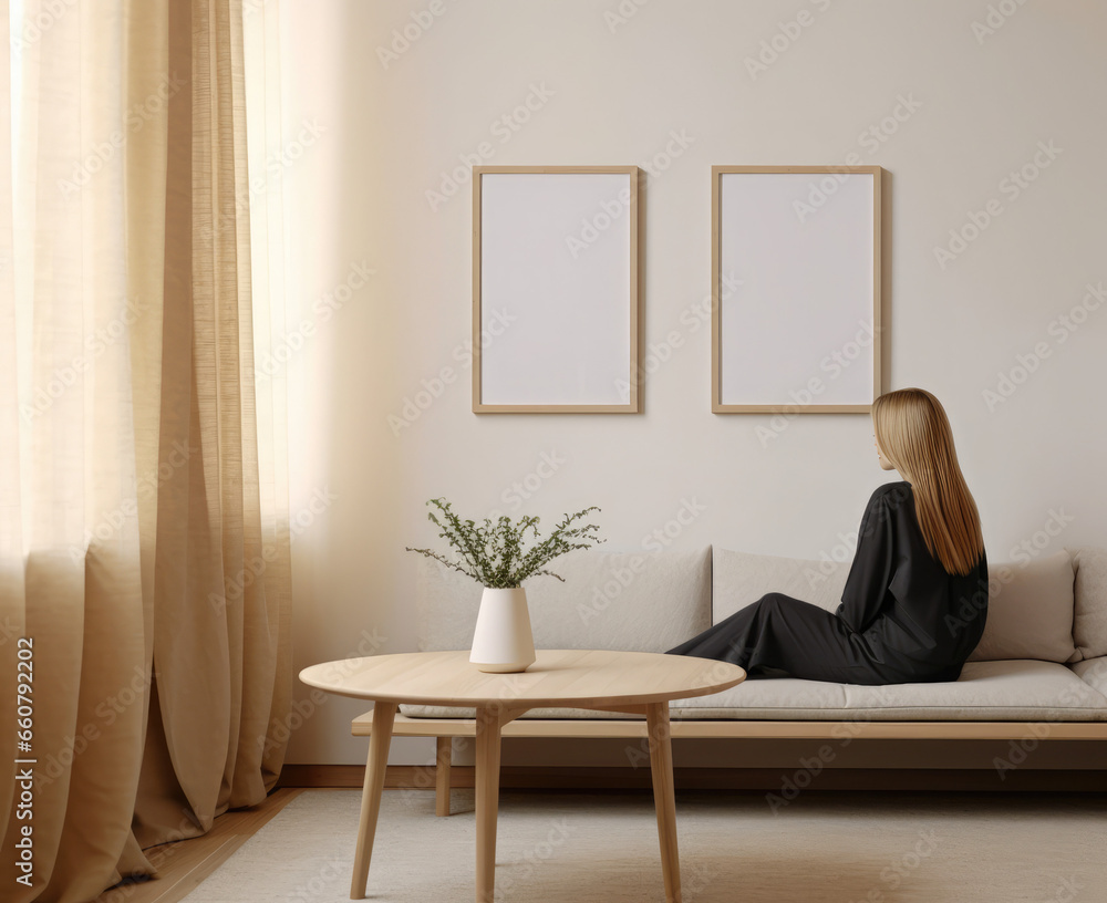 Fototapeta premium Woman looking at blank frame painting mockup