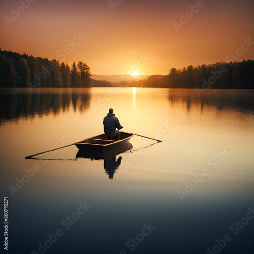 man in a boat sailing on the lake at sunset