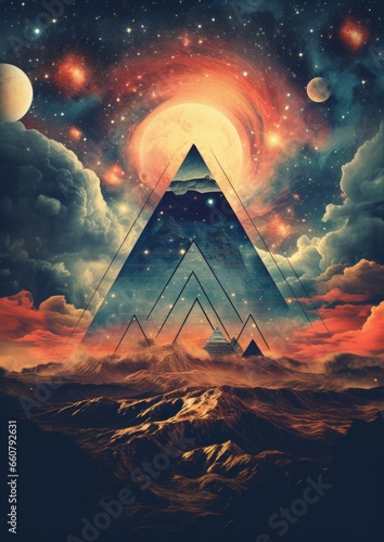 Celestial Harmony: Cosmic Pyramid Abstract cosmic artwork featuring a pyramid among celestial bodies in a vibrant galaxy.