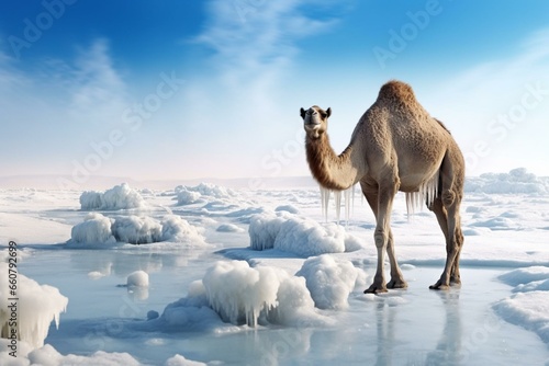 Camel in unfamiliar icy environment. Generative AI