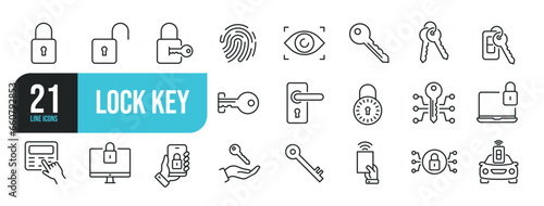 Set of line icons related to lock, key, padlock, security. Outline icons collection. Editable stroke. Vector illustration.