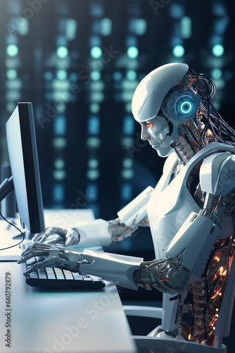 AI, robot, office, ChatGPT, llm, PC, keyboard, OpenAI, desk, automation, chatbot, google, microsoft