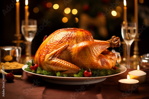 Christmas roasted Turkey dinner, elegant Christmas dinner, background decoration.	
