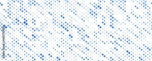 Medical cross and plus background. Abstract seamless blue pattern for hospital and pharmacy. Geometrical shapes ornament. Vector backdrop