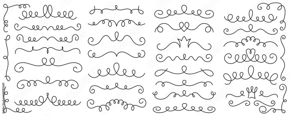 Underlines set with swishes swooshes and curly strokes. Swash hand drawn dividers. Squiggle calligraphy elements. Vector swirl doodle with hearts and crowns. - obrazy, fototapety, plakaty 