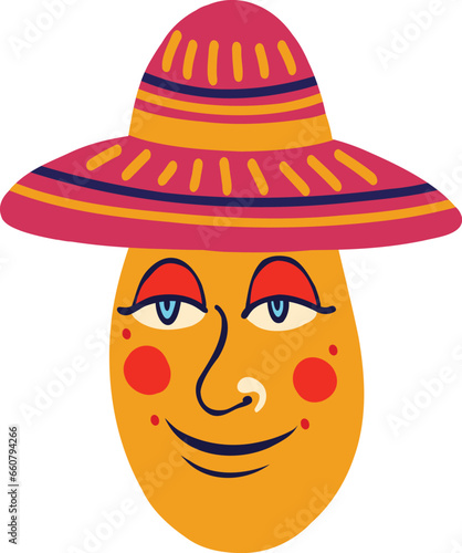 Cute funny kind character in Mexican hat. Strange ugly Halloween character. Cute bizarre comic demon in modern flat hand drawn style