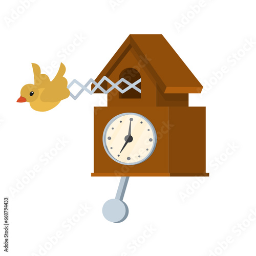 Cuckoo clock. Reminder of the time of a wooden clock, vector illustration