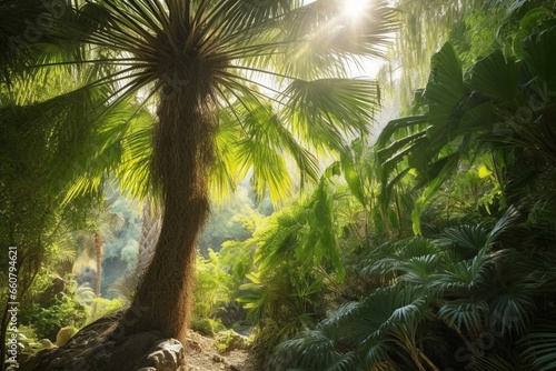 Sunlit palm tree in lush garden. Generative AI