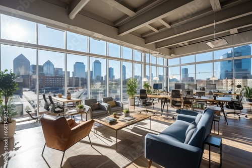 Modern coworking office with natural light, city view, and contemporary furniture. Generative AI