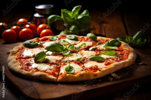 Margherita pizza with basil, mozzarella, tomato sauce on wooden table. Generative AI