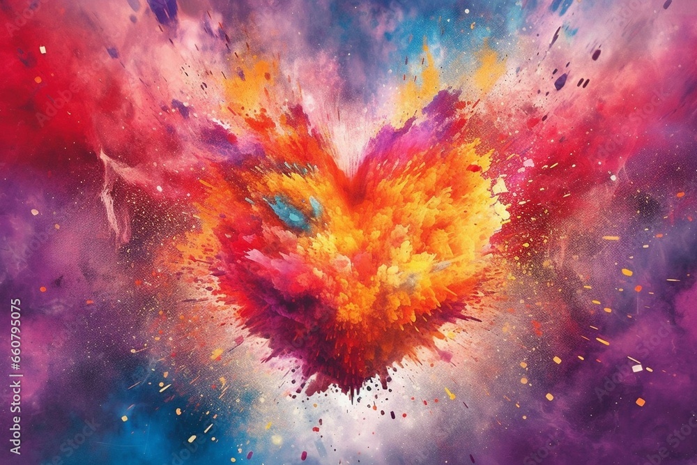 Illustration of a heart surrounded by a vibrant powder explosion, symbolizing joy, happiness, love, and strength. Generative AI