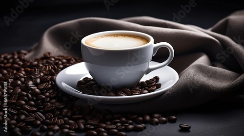 Black coffee with milk foam in white cup coffee beans in burlap bag on dark table