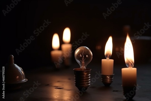 Darkness with unlit light bulb near burning candles. City blackout, electricity off. Energy crisis concept. Generative AI