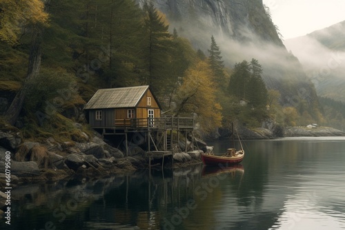 rustic dwelling amidst Norwegian fjords. Generative AI