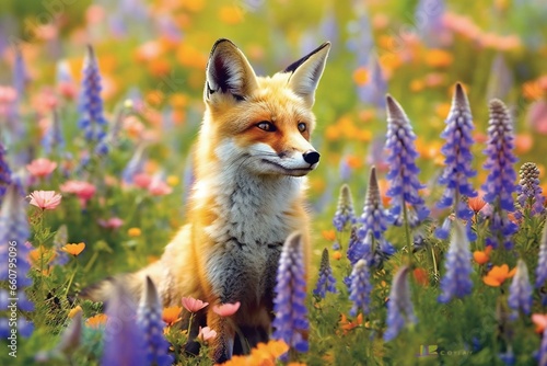 Meadow fox amidst vibrant wildflowers. Generative AI