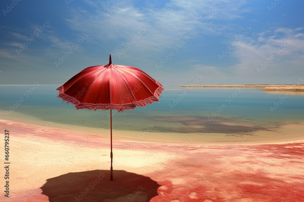 a crimson parasol atop a sandy shoreline beside the sea. Generative AI