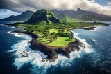 Stunning bird's-eye perspective of Hawaii; a picturesque island covered in abundant foliage. Generative AI
