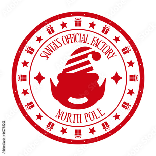 Santa's official factory.  Xmas stamp design with cute Elf face. Template for christmas handmade gifts. Vector illustration.