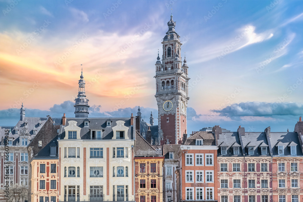      Lille, ancient houses in the center, and the belfry of the Chambre de Commerce 
