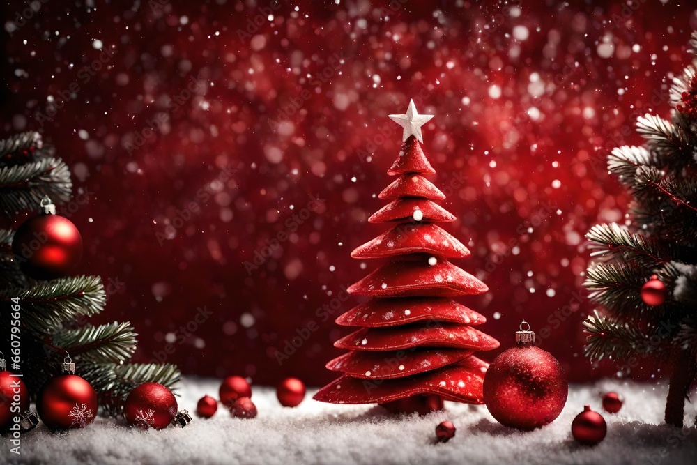 Red Christmas Background with Christmas tree & snow falling. De-focused lights. Welcome to Happy New Year background Wallpaper. copy space for text