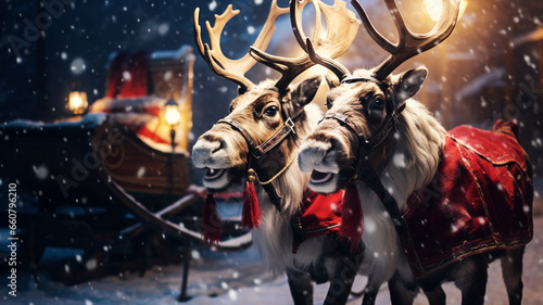 Christmas Reindeer with their sleigh on a snowy night