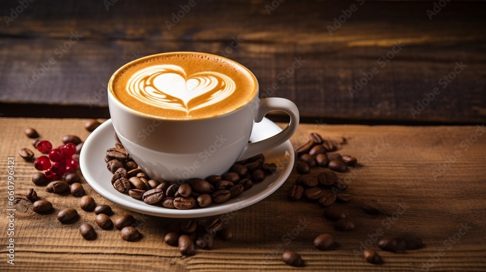 Fototapeta premium Coffee latte with heart and coffee beans on rustic wooden background