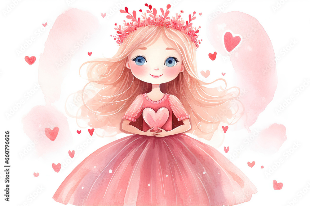 Cute little princess with heart. Watercolor illustration on white background Cute little princess with heart. Watercolor illustration on white background