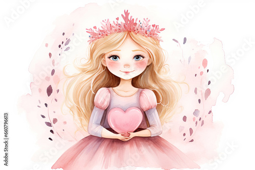 Cute little princess with heart. Watercolor illustration on white background