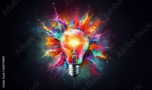 Creative light bulb explodes with colorful paint and colors. New idea, brainstorming concept