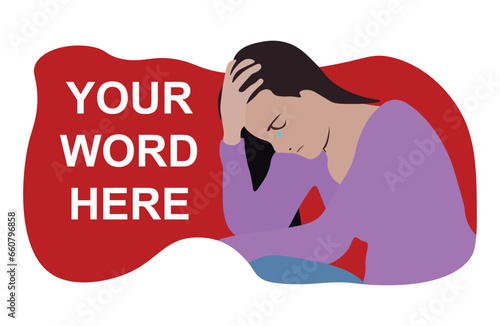 Sad young woman crying and holding her head. Vector cartoon flat illustration. Isolated on white background.