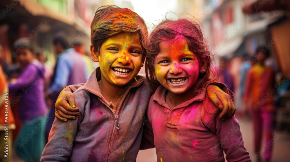 Happy children enjoy colored Holy fest.