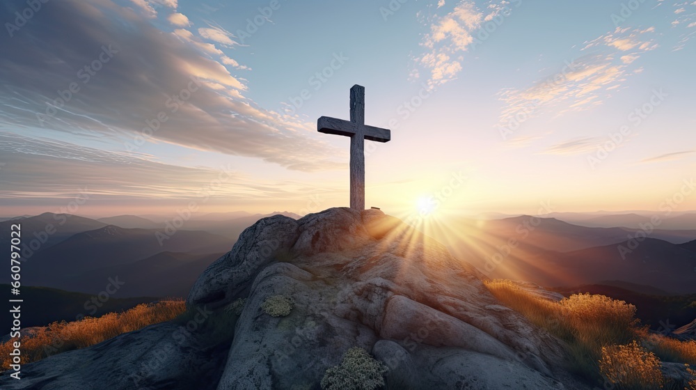 Christian cross in the peak of a mountain at sunset. Christian cross in the peak of a mountain at sunset.