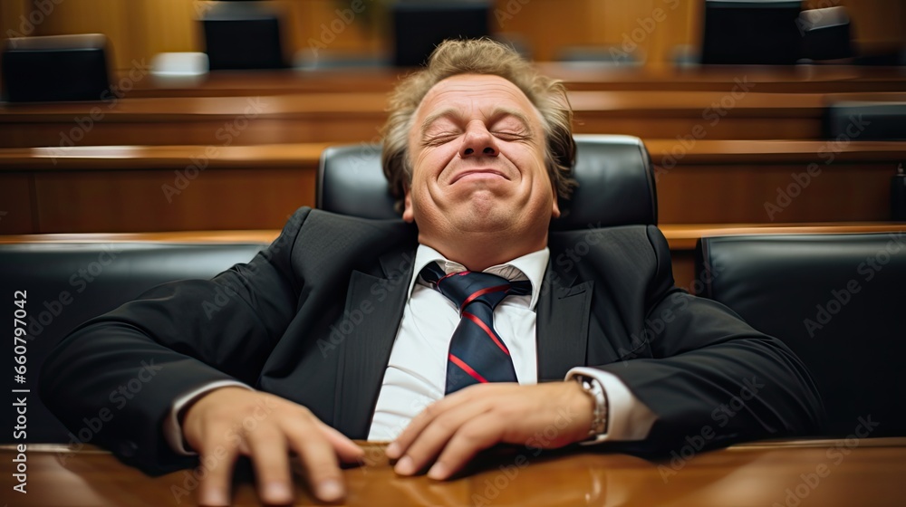 A lazy politician sitting sleepy in the armchair. - obrazy, fototapety, plakaty 