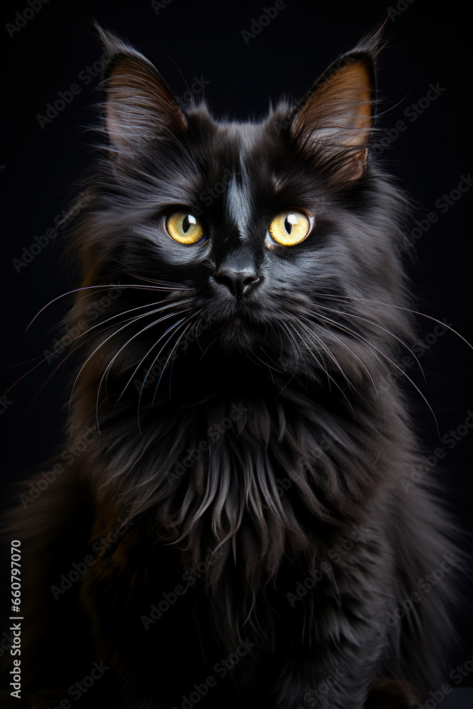 Vertical photograph of a black cat looking into the frame, idea for advertising pet food