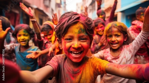 Happy children enjoy colored Holy fest.