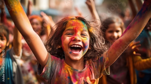 Happy children enjoy colored Holy fest. © MiguelAngel