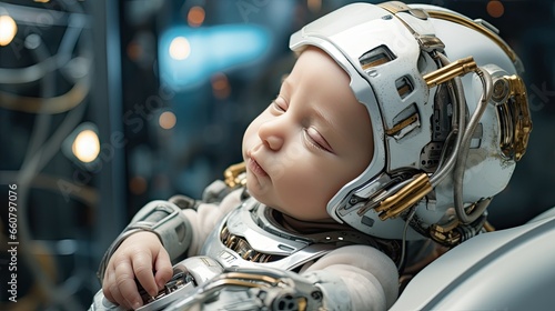 Closeup, robotic baby with human face, sleeping peacefully. photo