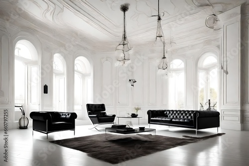 Interior design of classic white room with black barcelona chair