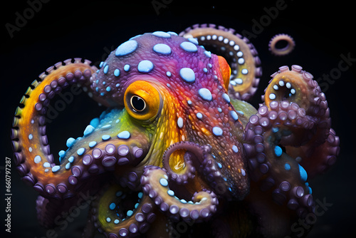 rainbow octopus isolated on black background © sam