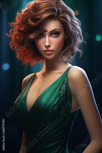 woman red hair green dress posing glamour lighting femme fatale cartoon shorter curly young sexy covid human deviant goddess beauty