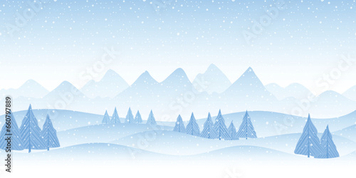 Winter landscape, cartoon nature, mountains with forest and falling snow