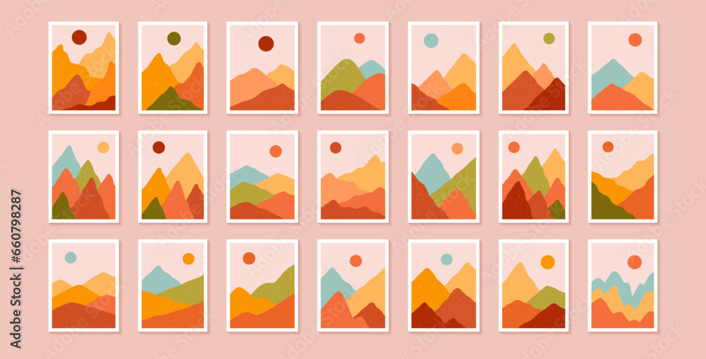 Large set with abstract landscapes in boho style. Aesthetic natural backgrounds with sun, mountains and forest. Warm palette. Minimalistic vector illustration.