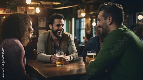 Multiracial friends having fun talking and laughing at cafe restaurant