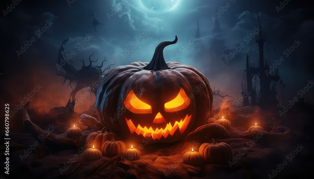Fototapeta premium Spooky Halloween Pumpkin in Fire and Darkness 