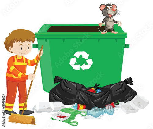 Happy Dustman Cleaning Rubbish with Dirty Rat