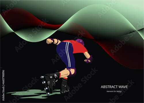 Roller skater illustration silhouette on a wave background. 3d vector illustration